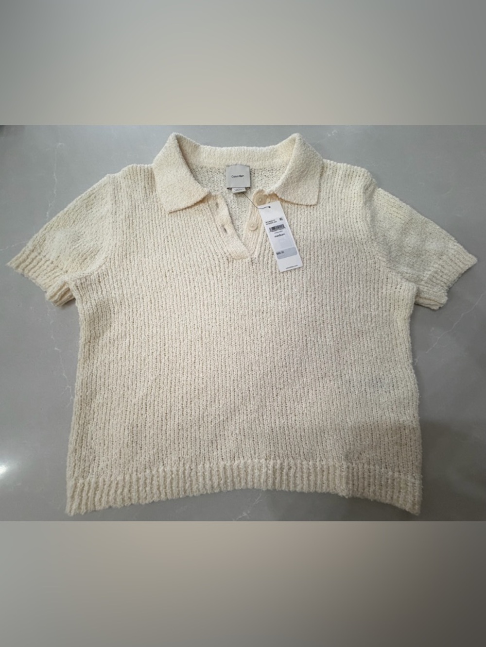 NWT Calvin Klein Ivory Knit Crop Sweater Polo with Button Placket, M